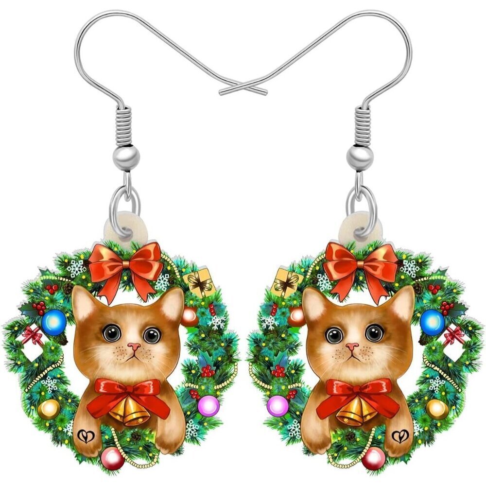 ⚡Christmas Cat Earrings for Women Cute Holiday Wreath Dangle Drop Jewelry Gift